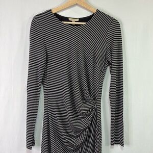 🥒 Bordeaux black gray striped knit round neck, long sleeve gathered waist dress